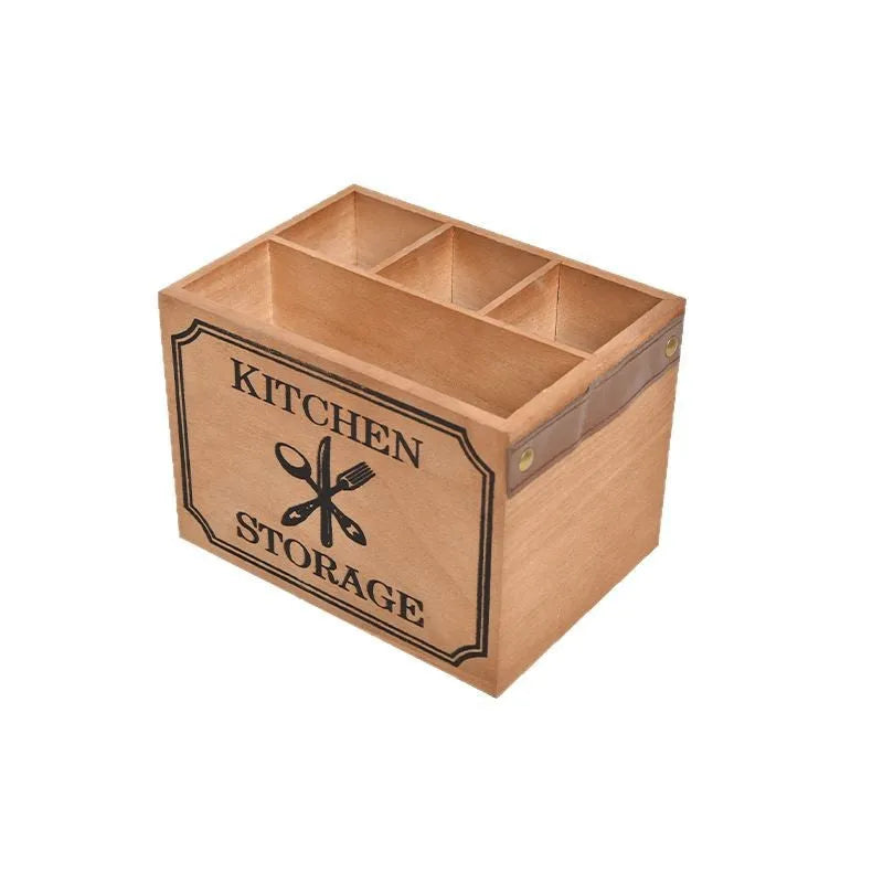 Wooden kitchen storage box with grid compartments for knives forks chopsticks