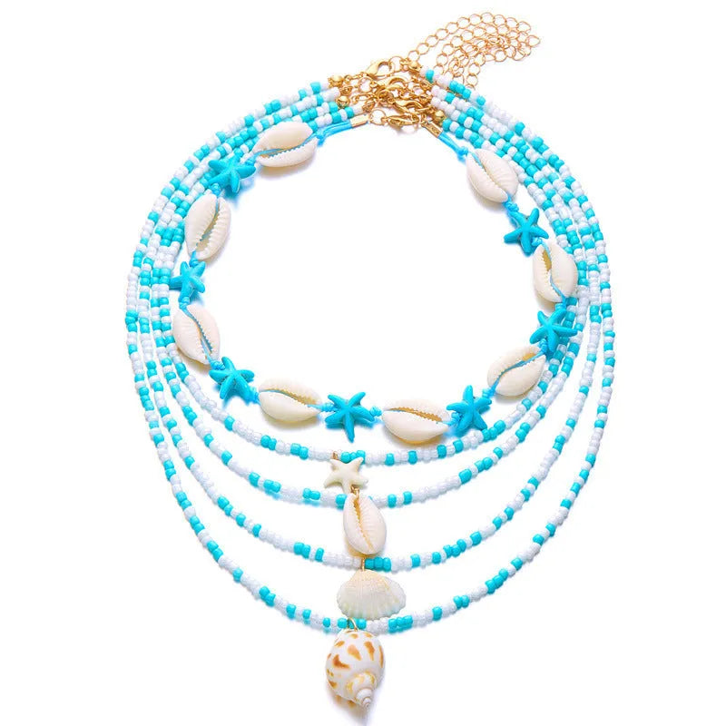 Women's starfish shell bead necklace 5-piece set with electroplated alloy pendants showing blue and mixed colour variations