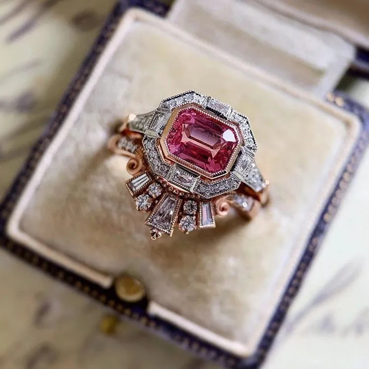 Rose gold geometric women's fashion ring with ruby detail in retro European and American style