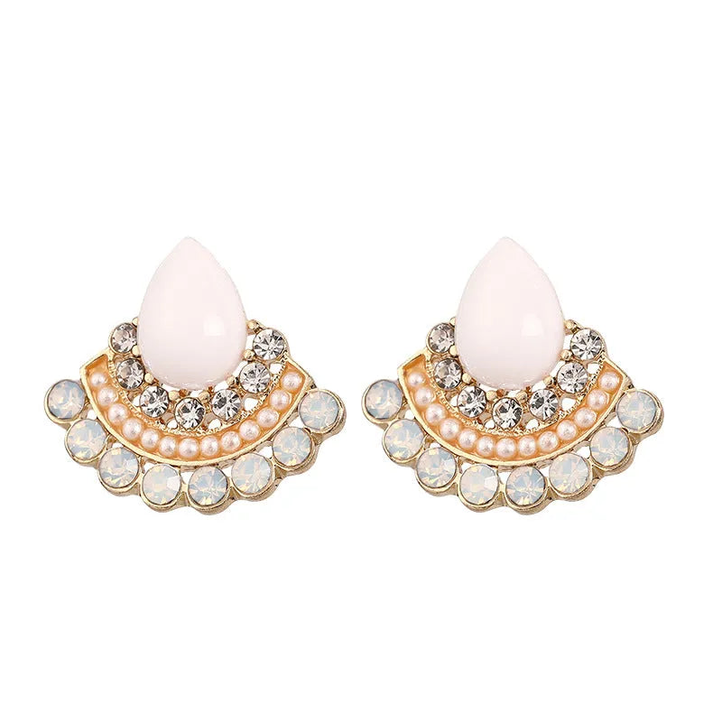Women's retro fan-shaped rhinestone earrings with electroplated silver finish and geometric design