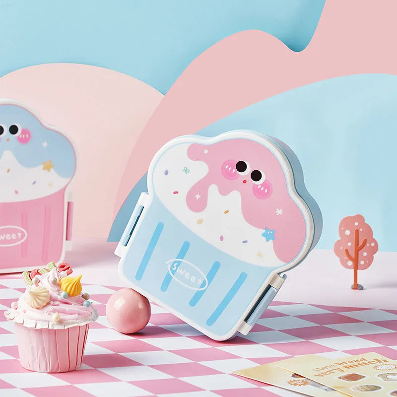 Ice cream shaped plastic lunch box with compartments and included spoon and fork