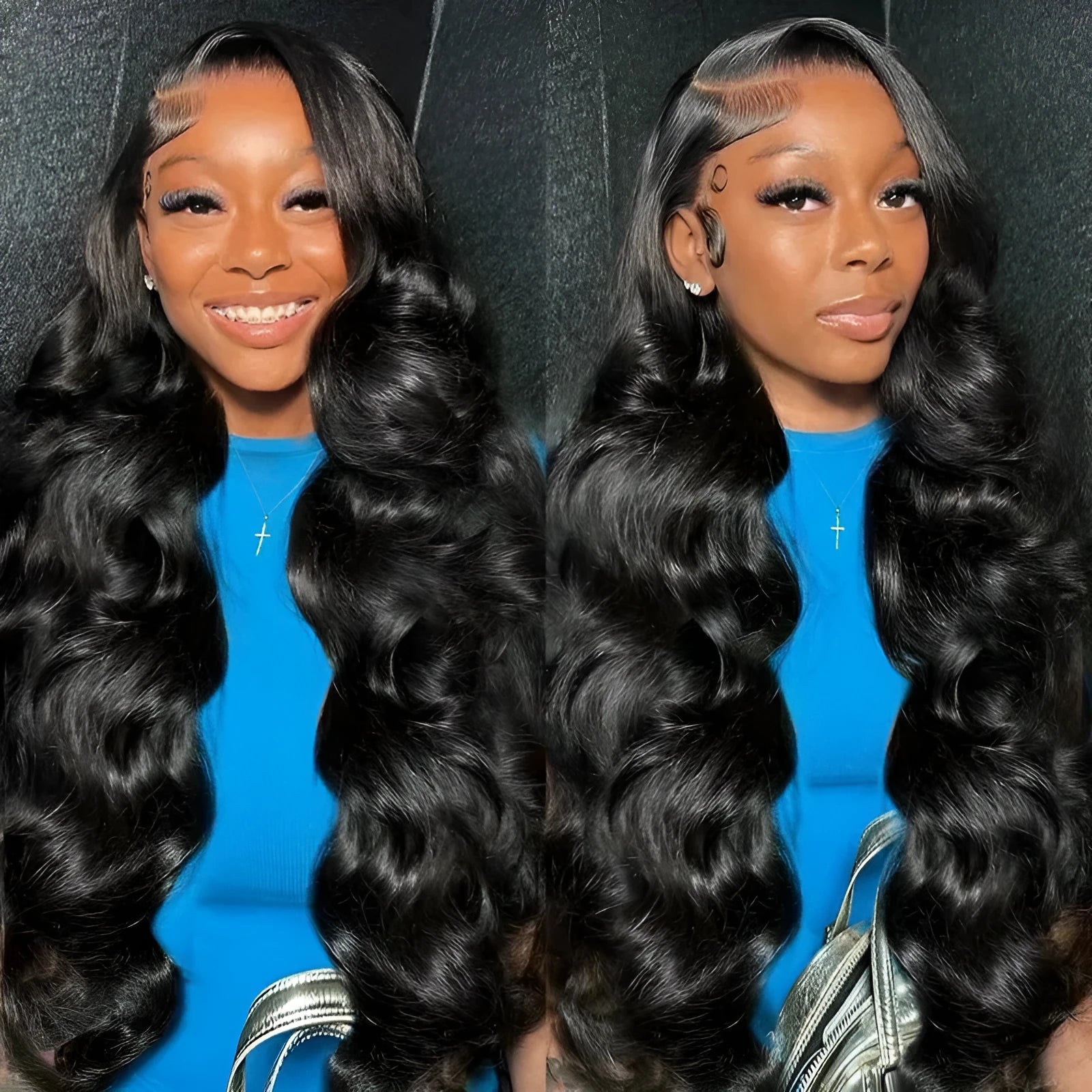 Black synthetic wig with big wave texture and lace front construction on display