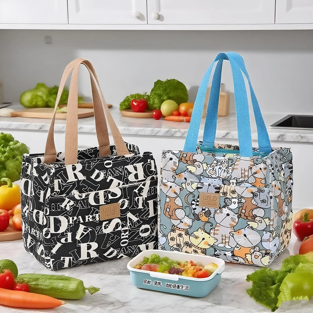 Women's printed canvas tote bag with aluminium frame in a square shape, showing floral and typographic design options.