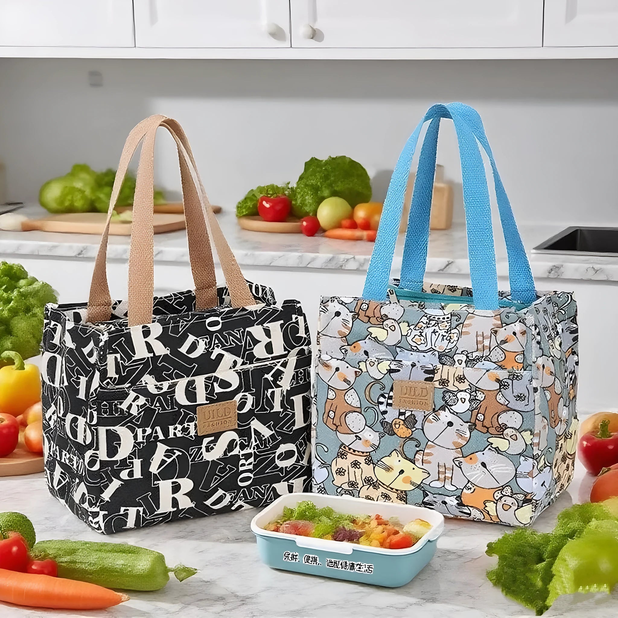 Women's printed canvas tote bag with aluminium frame in a square shape, showing floral and typographic design options.