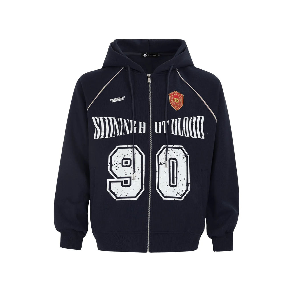 Women's red American retro style loose hooded cardigan jacket with white letter embroidery pattern