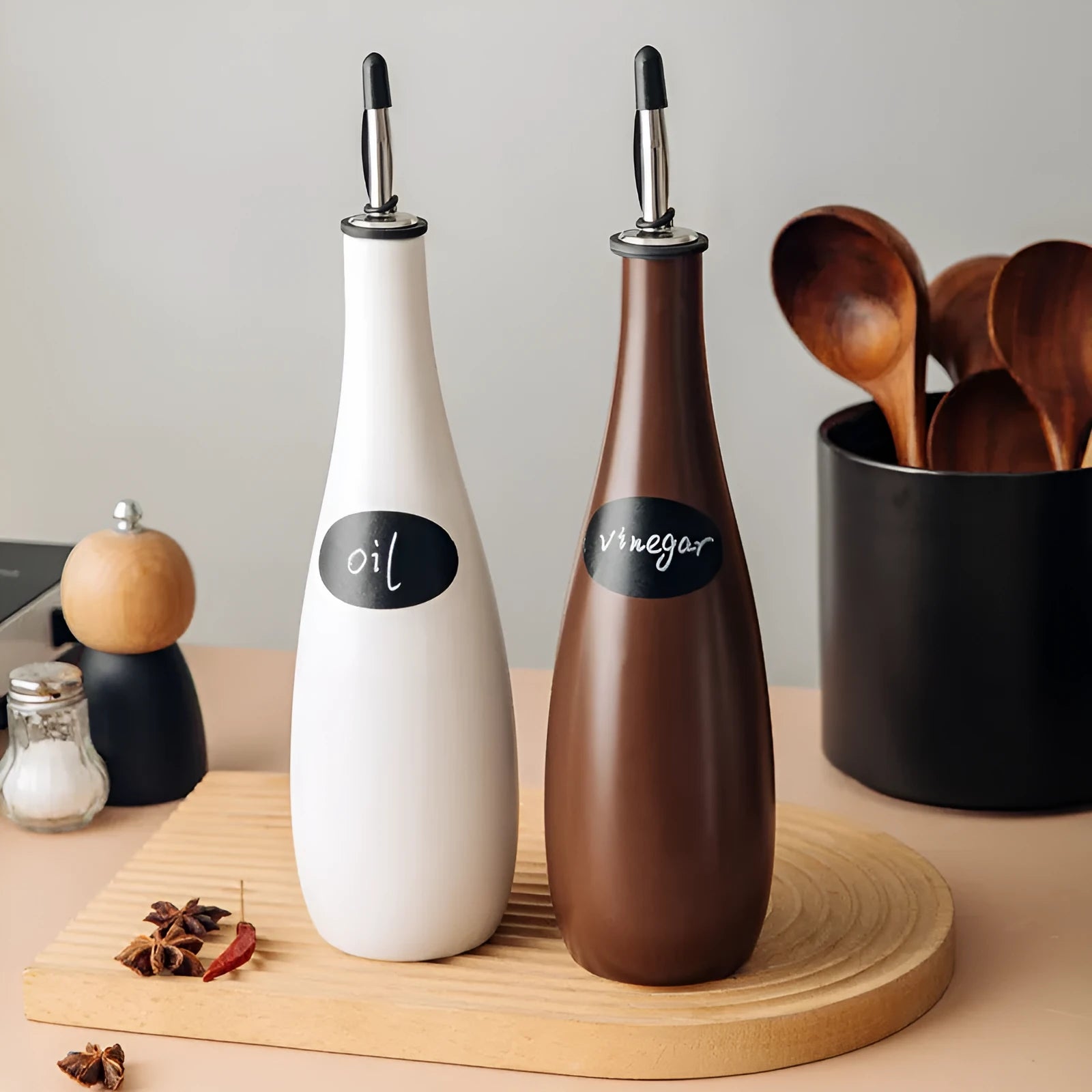 Ceramic kitchen oil pot with integrated funnel and brush in three colour options