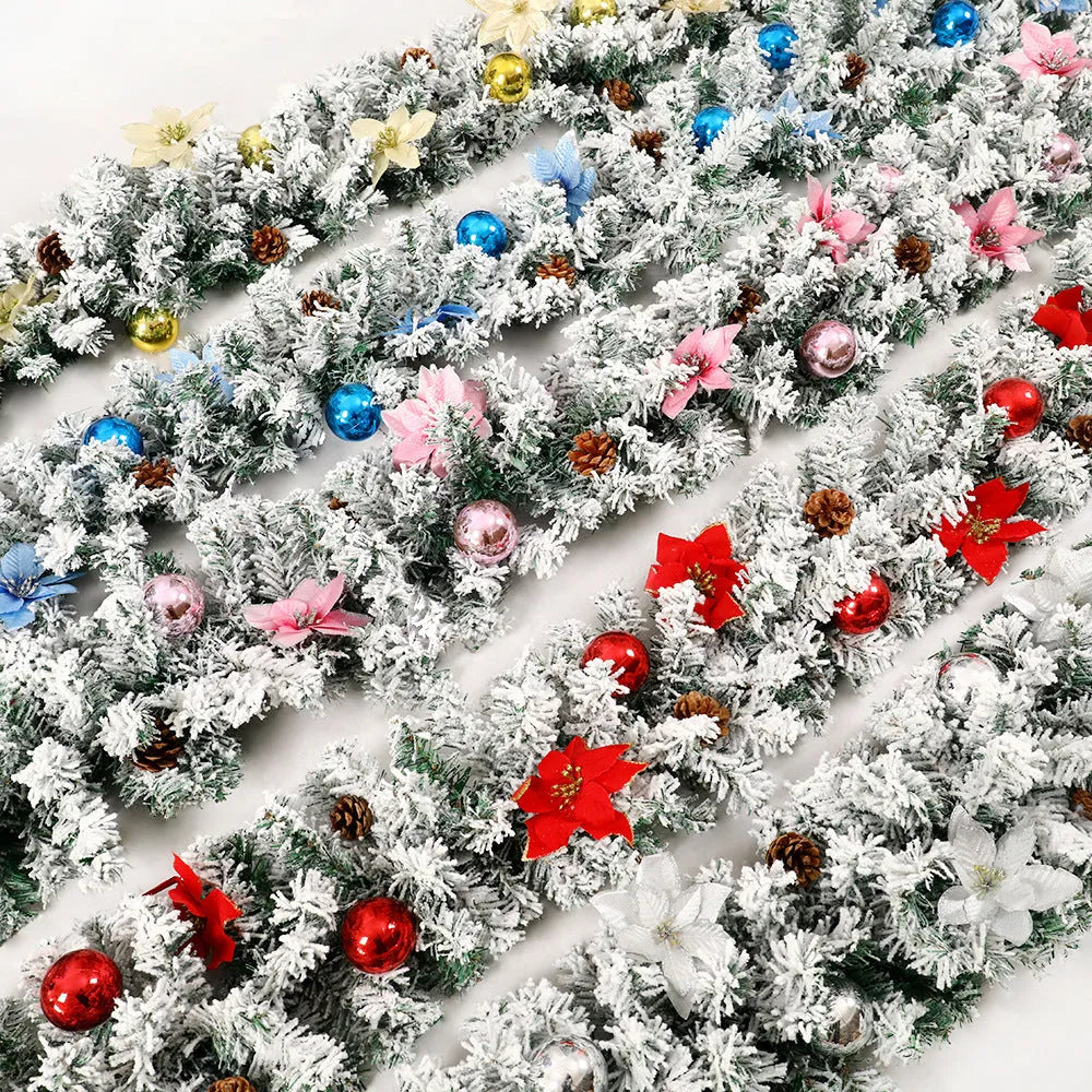 Christmas rattan garland with flocked finish in classic American style, shown in golden colour