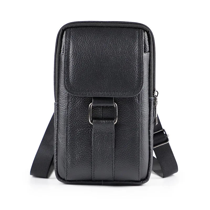 Men's genuine leather waist bag with metal lock in vertical square design