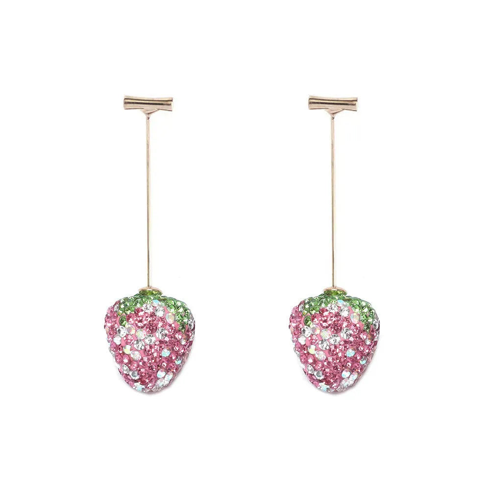 Geometric strawberry-shaped stud earrings with spot drill crystal details in red colour option