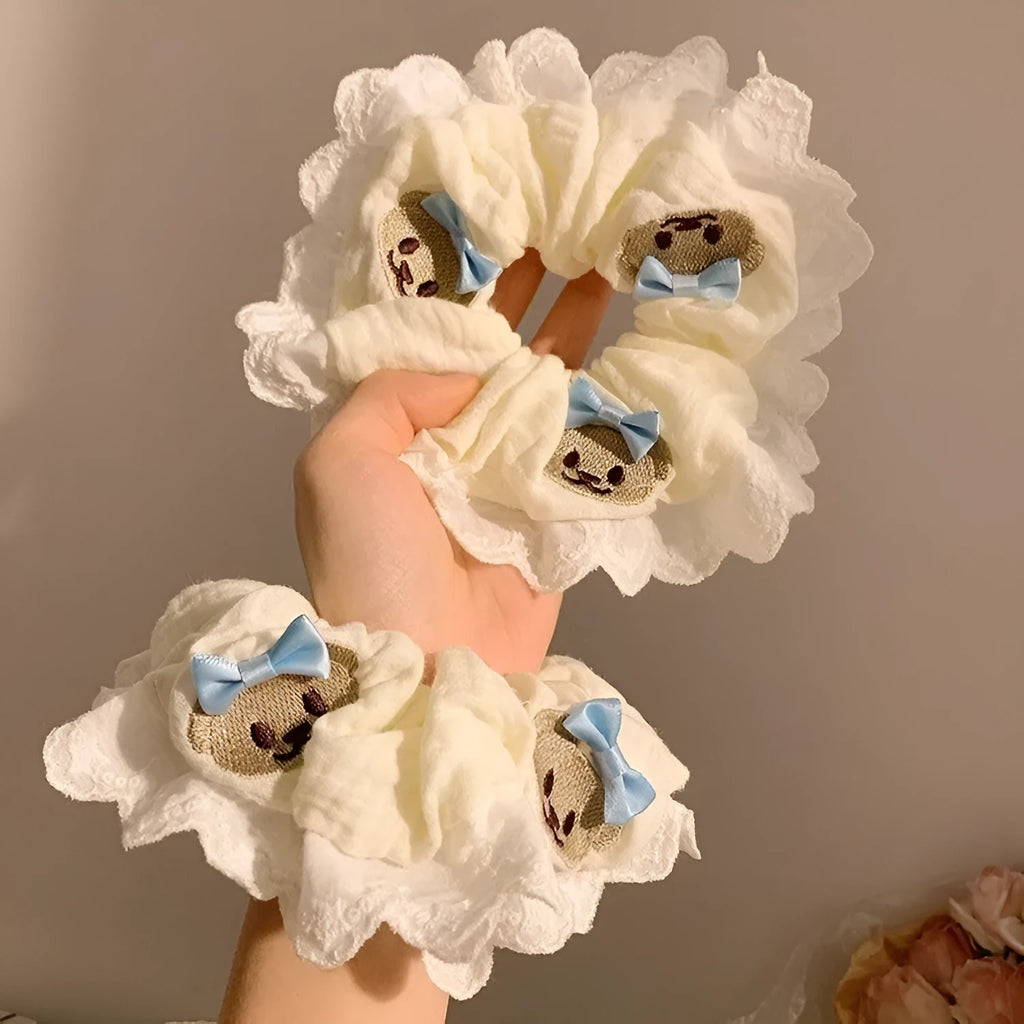 Bear blue bow lace large intestine hair ring elastic headband with cute bear design elements