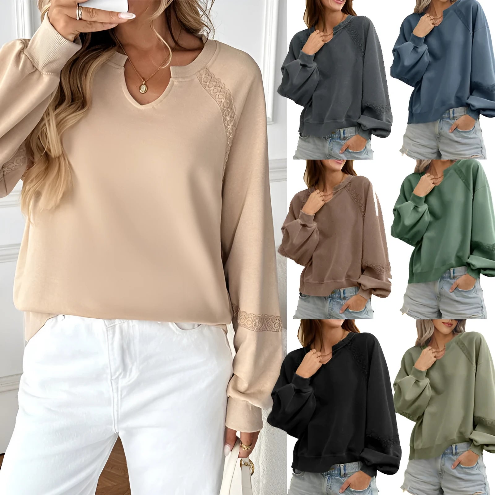 Women's loose long sleeve sweater with half-open collar and lace stitching in solid colour
