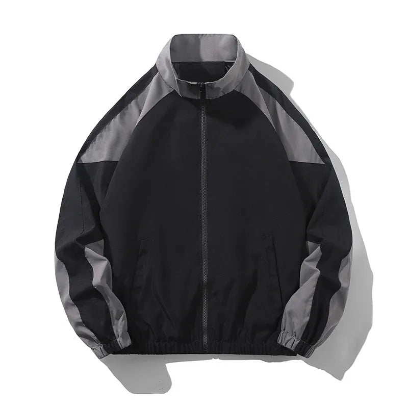 Men's black casual jacket with contrast stitching and side pockets, laid flat.