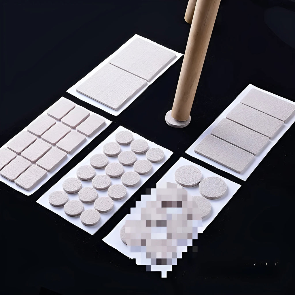 Beige furniture leg protection pads in round and square sizes for floor scratch prevention