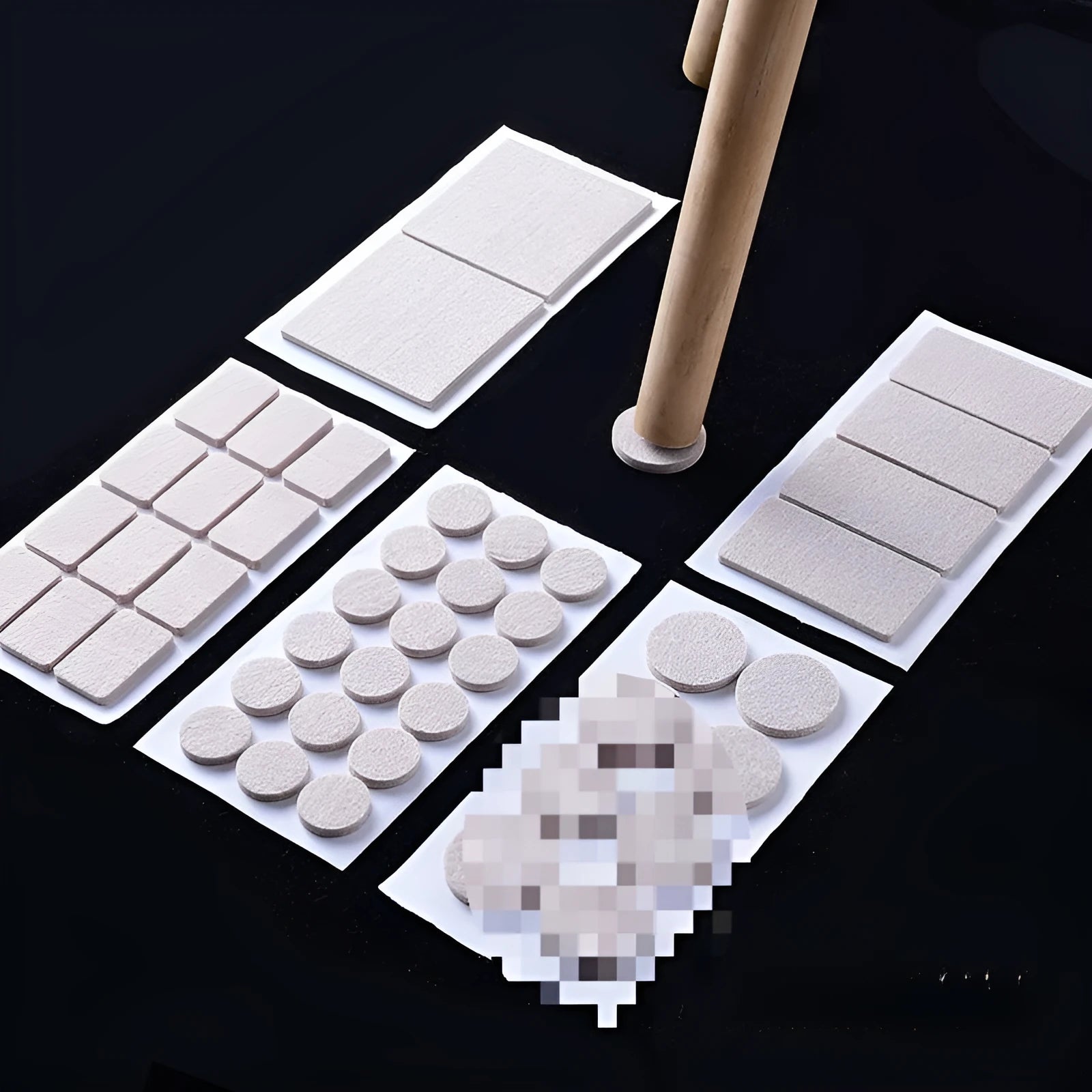 Beige furniture leg protection pads in round and square sizes for floor scratch prevention
