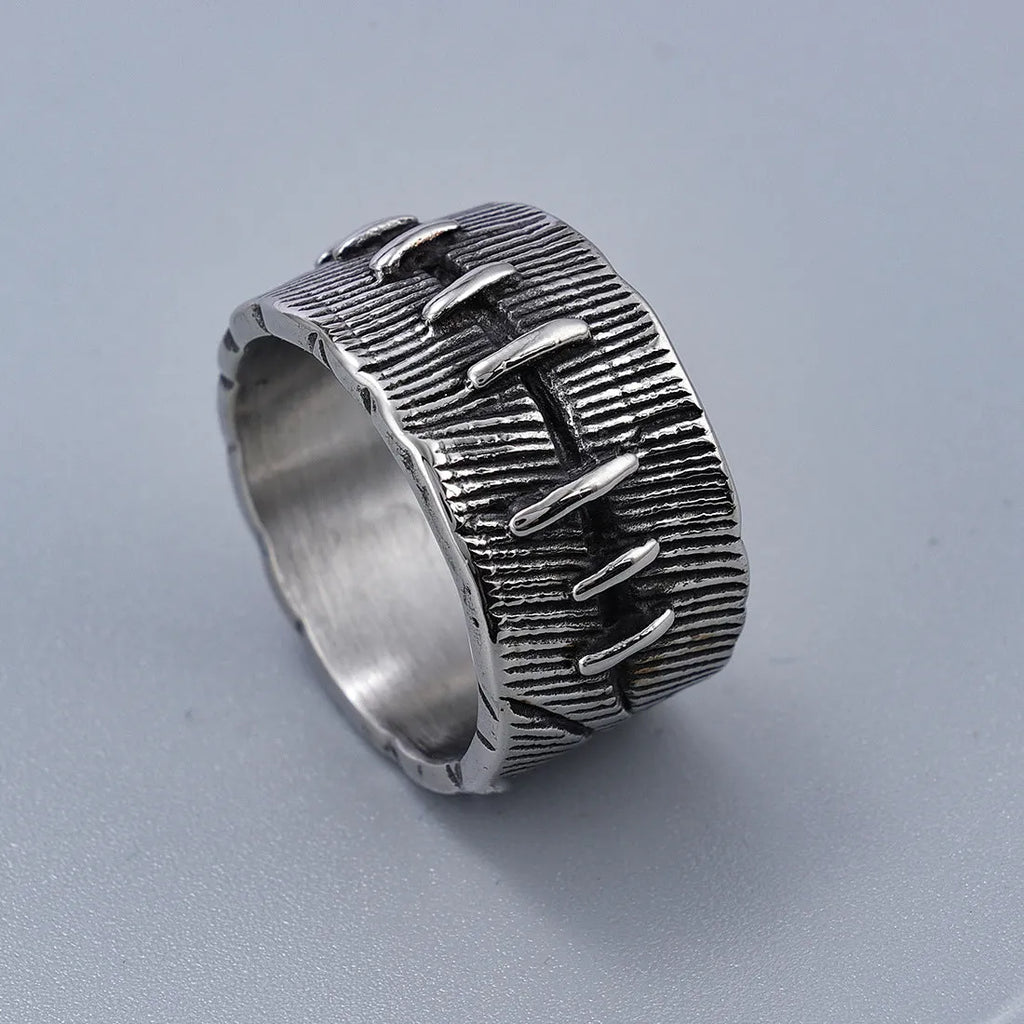 Dark punk titanium steel ring with geometric U-shape and double ring design
