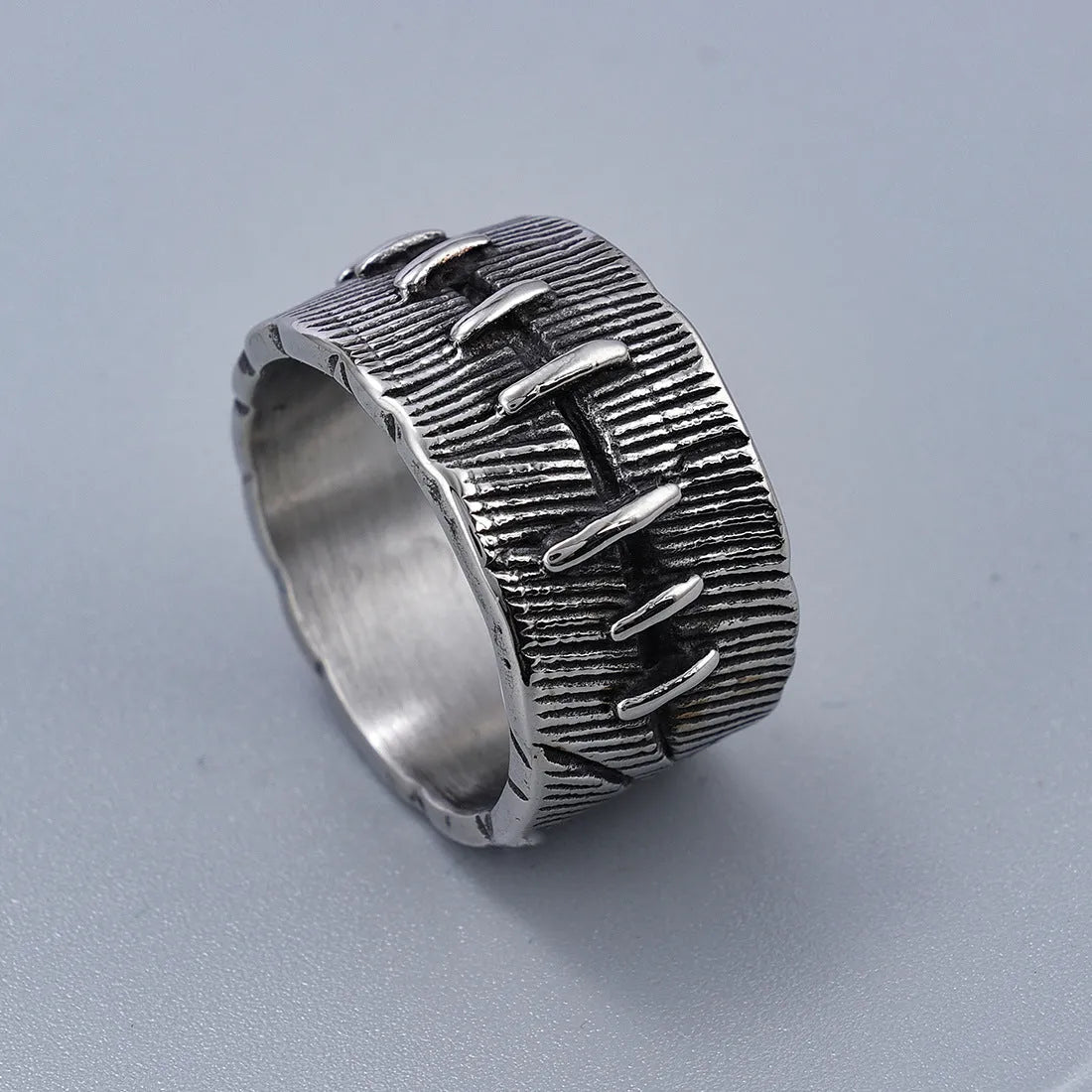Dark punk titanium steel ring with geometric U-shape and double ring design