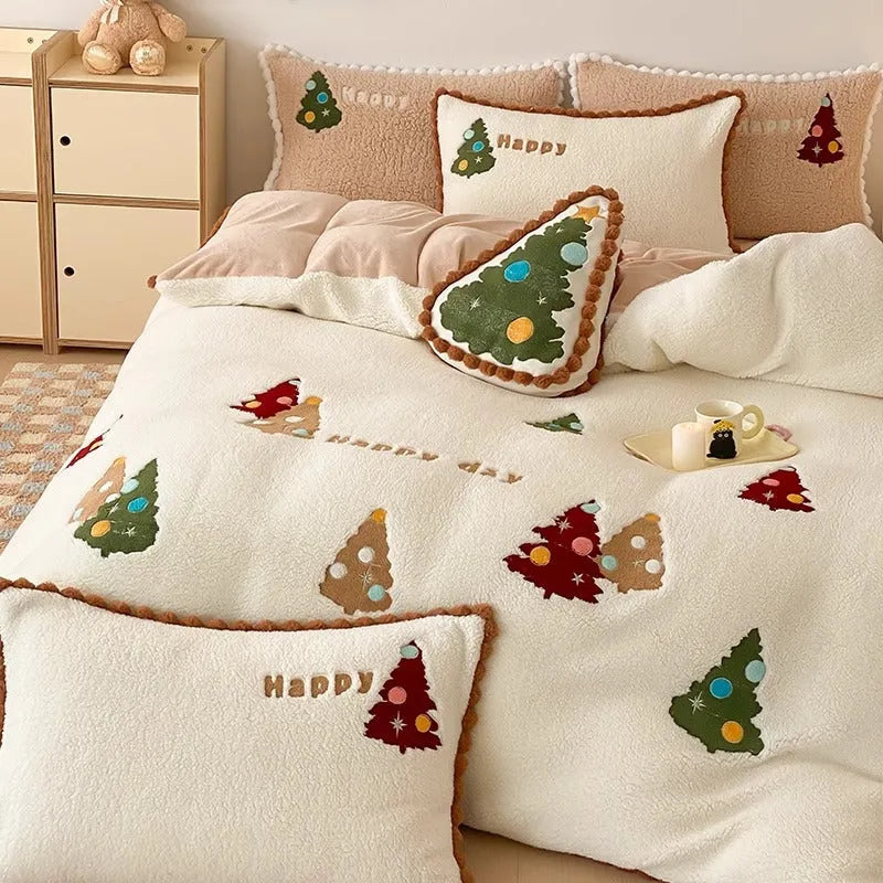 Bright yellow Christmas tree embroidery bedding set with fleece lining, showing quilt cover and pillowcases