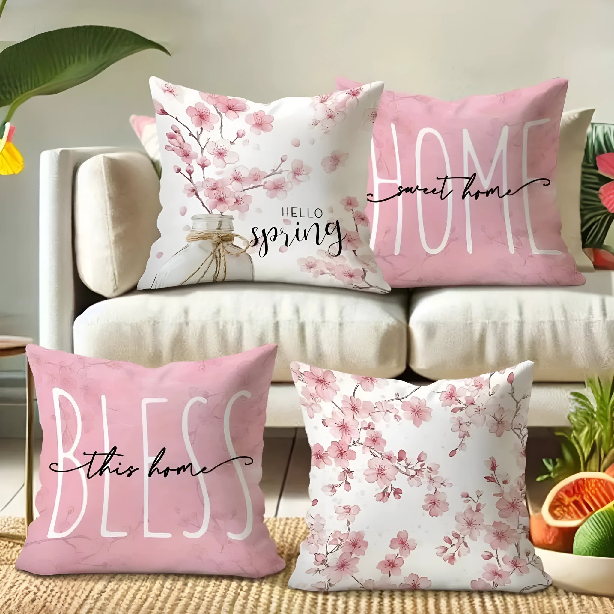 45cm square short velvet cushion cover with detailed cherry blossom and script letter floral print design.