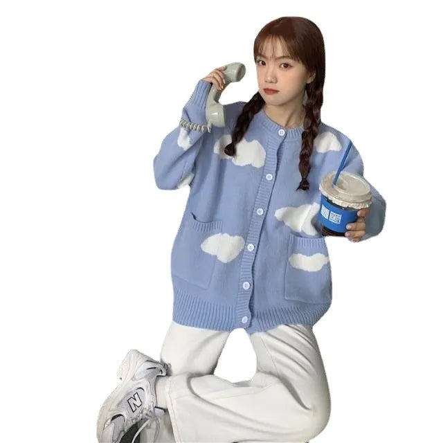 Blue cloud pattern women's loose spandex cardigan sweater with long sleeves