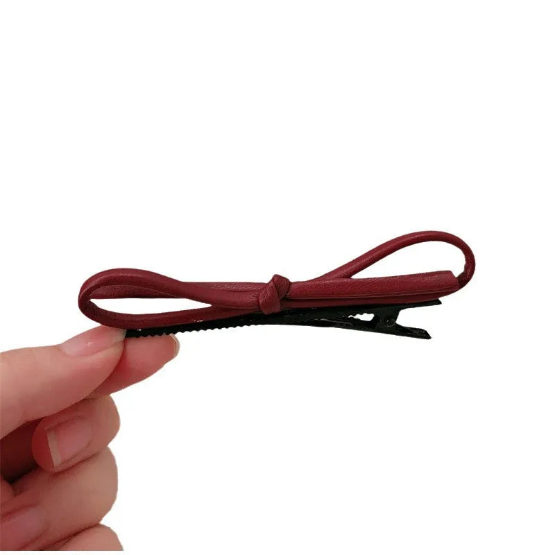 Wine red leather bow hair barrettes with manual processing and advanced styling for women