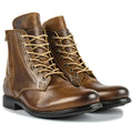 Knight Series two-tone black and brown leather boots with a side zipper and low heel.