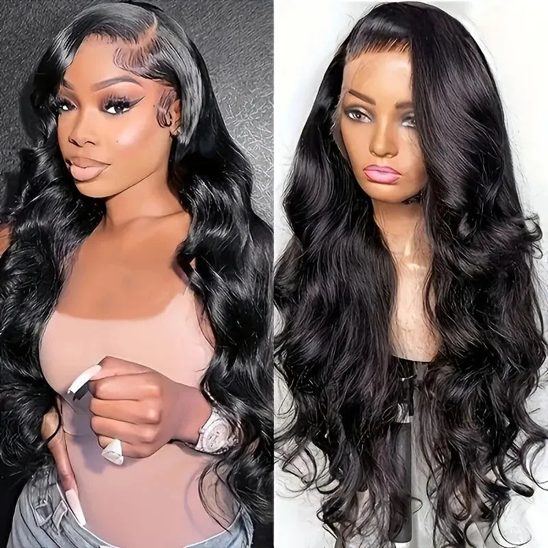 Black synthetic wig with big wave texture and lace front construction on display