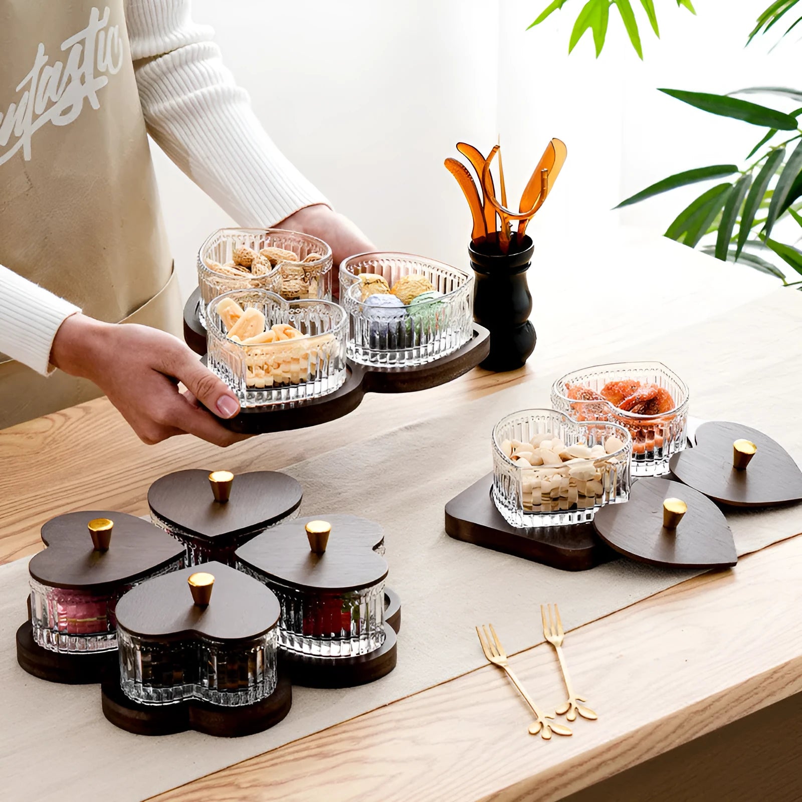 Glass retro snack serving platter with heart-shaped lid in 2-grid, 3-grid, 4-grid or 5-grid compartment options.