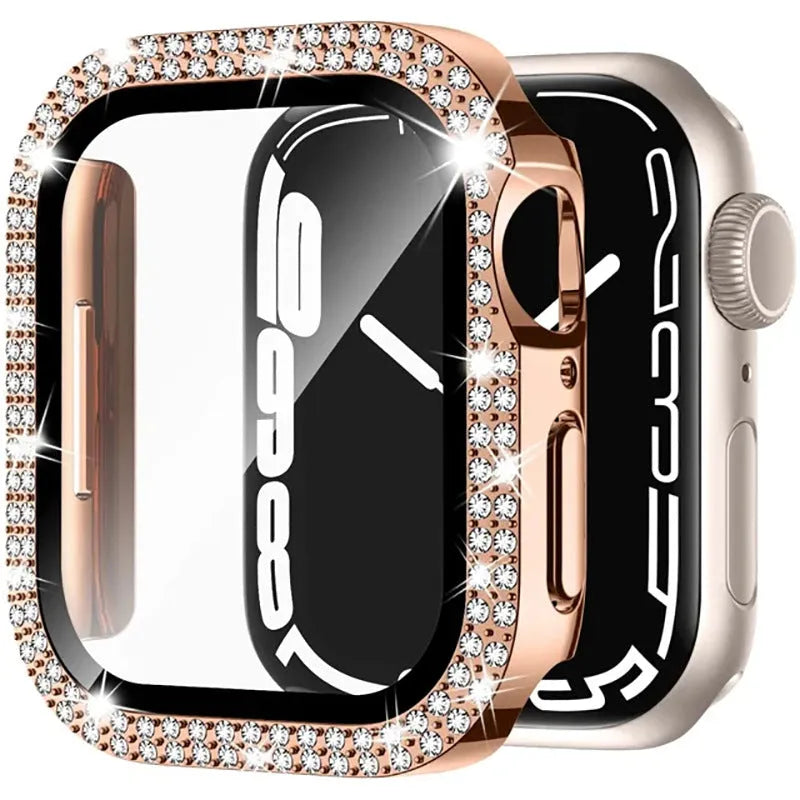 Apple Watch case with double diamond glass peep-proof screen protector in rose gold colour for a 44mm model.