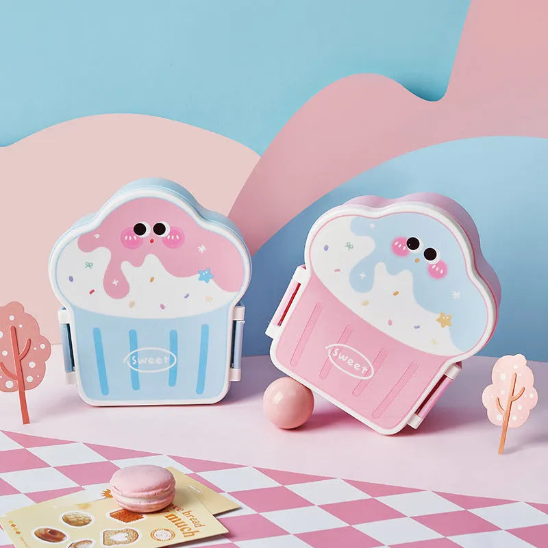 Ice cream shaped plastic lunch box with compartments and included spoon and fork