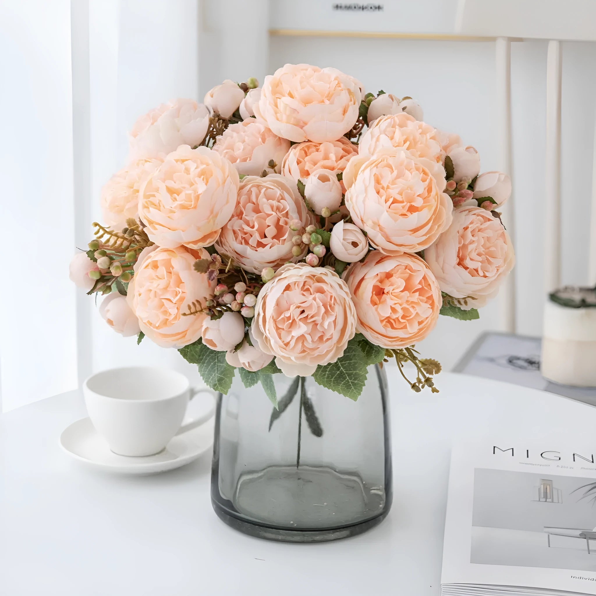 Artificial silk peony bouquet arrangement in a choice of five colours.
