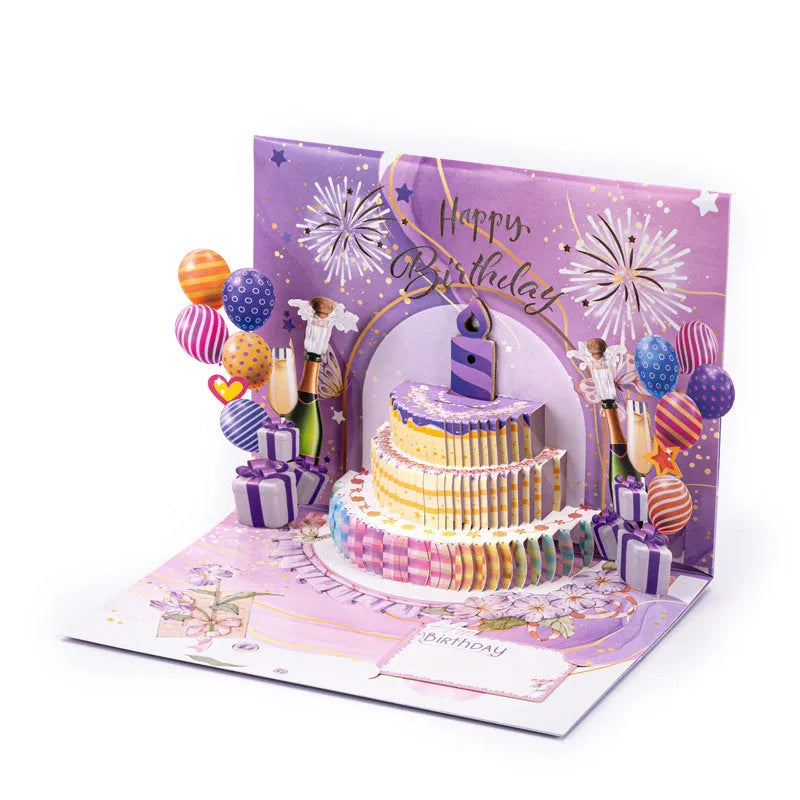 Open 3D pop-up greeting card with Chinese ink style cake illustration, showing manual folding detail.