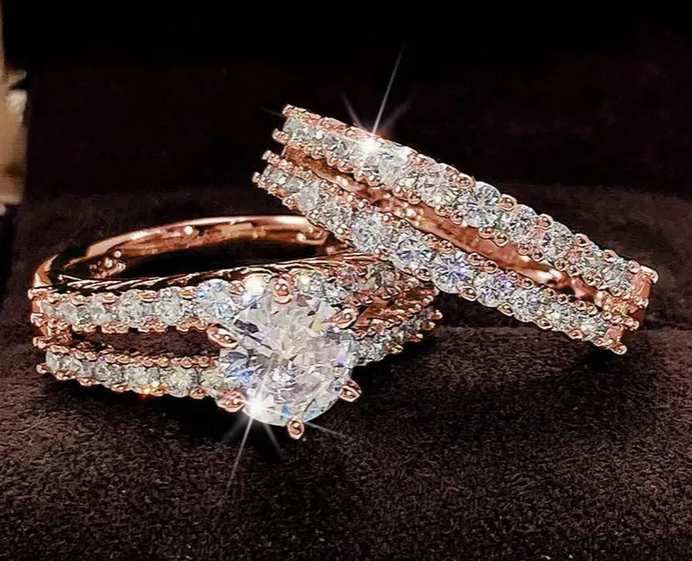 2 in 1 female ring set with fashion and fully-jewelled designs in three metallic colours