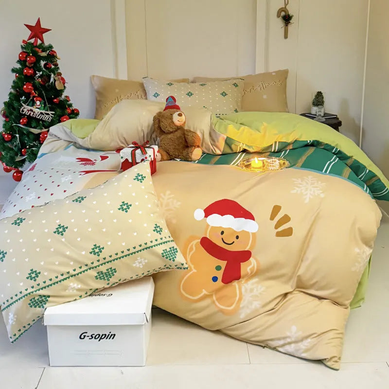 Christmas cartoon printed bedding four-piece set showing gingerbread man design on super soft washed cotton