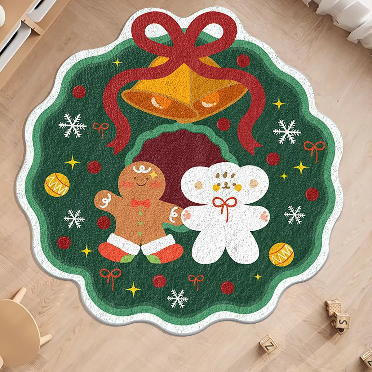 Round Christmas floor mat in imitation cashmere with festive designs including gingerbread men and Christmas trees