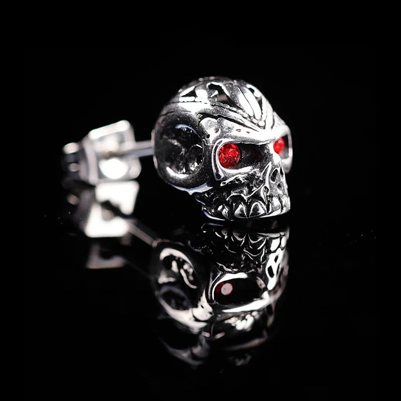 Skull stud earrings with red eye ghost head design and retro styling