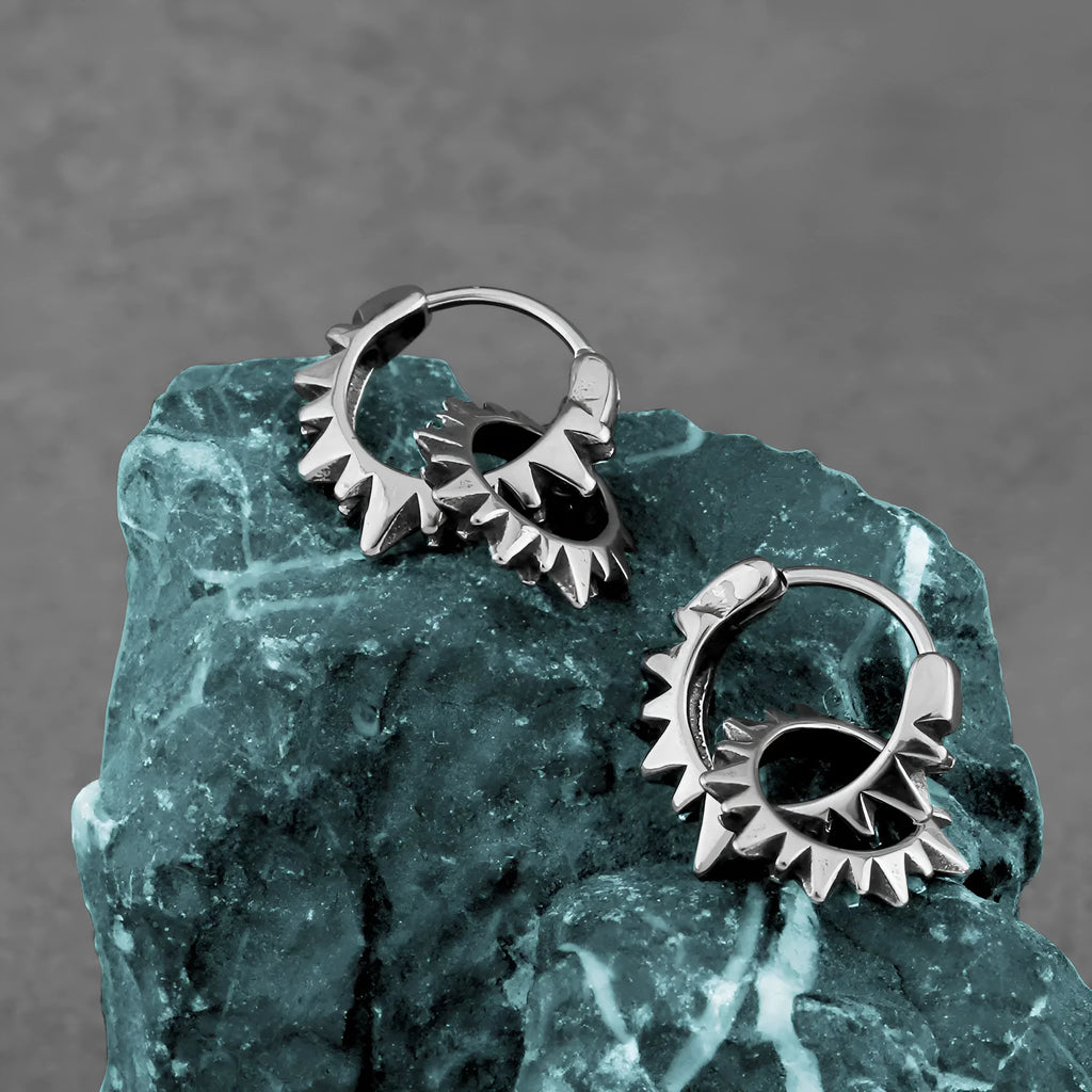 Pair of stainless steel round hoop earrings with polished steel finish, retro European American style