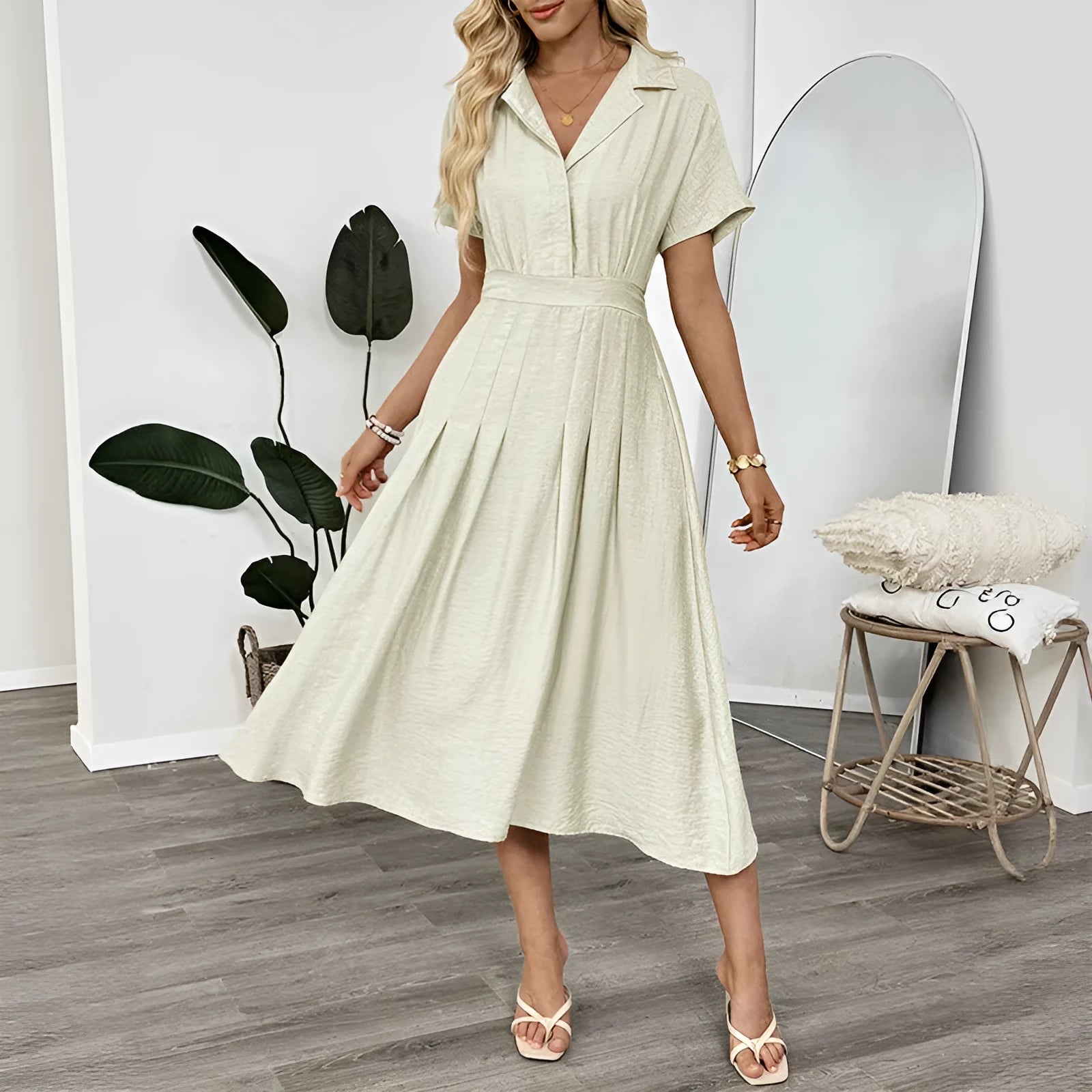 Light green women's shirt dress with lapel collar, defined waist, and pockets on a model.
