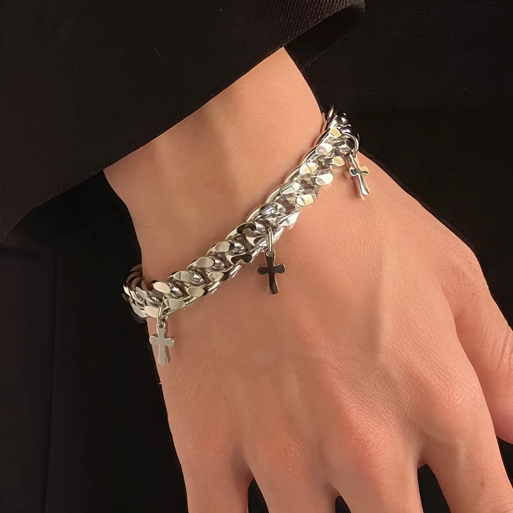 Men's titanium steel cross bracelet with geometric design in cold wind style