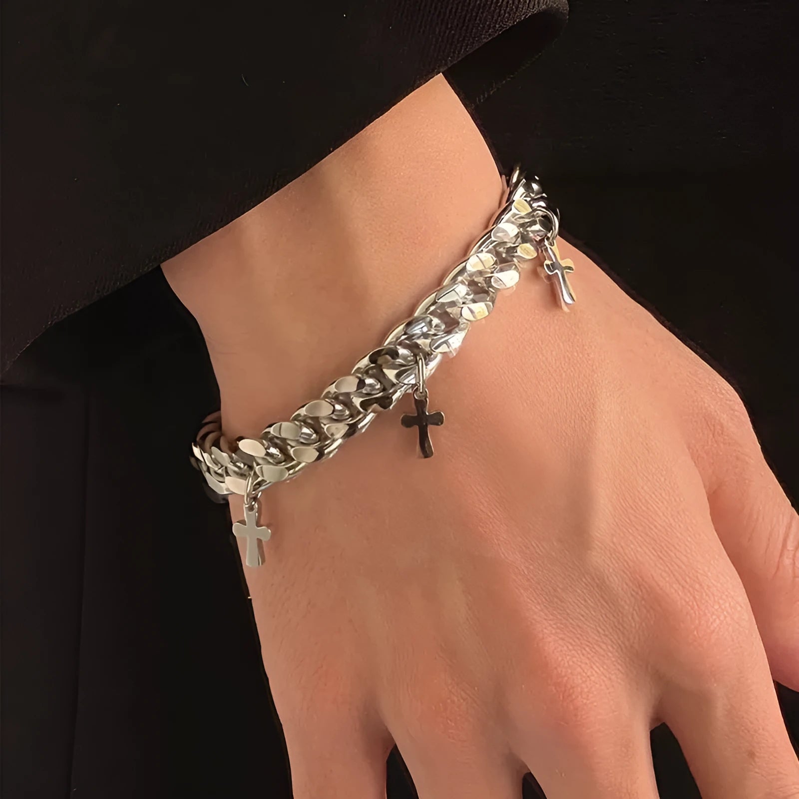 Men's titanium steel cross bracelet with geometric design in cold wind style