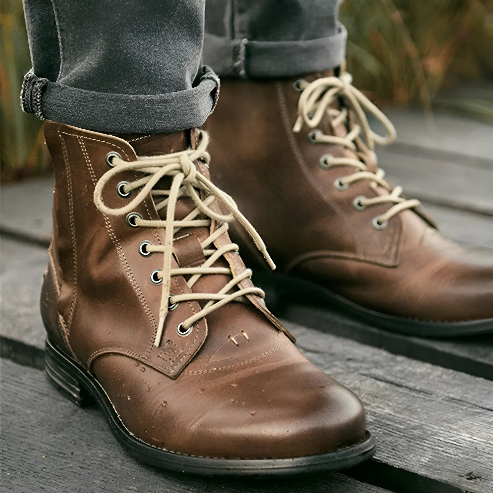 Knight Series two-tone black and brown leather boots with a side zipper and low heel.