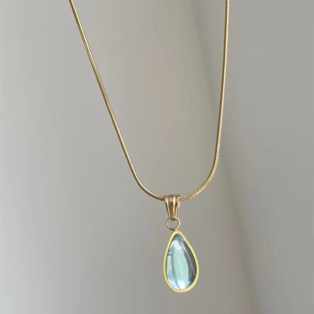 Water drop necklace with snake bones chain and mixed gem pendant in blue or green