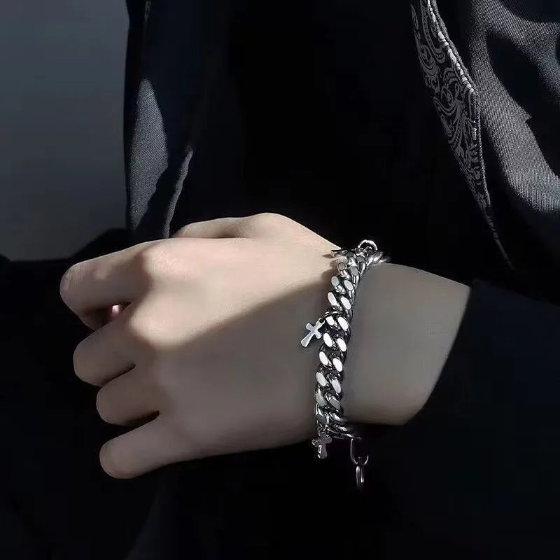 Men's titanium steel cross bracelet with geometric design in cold wind style