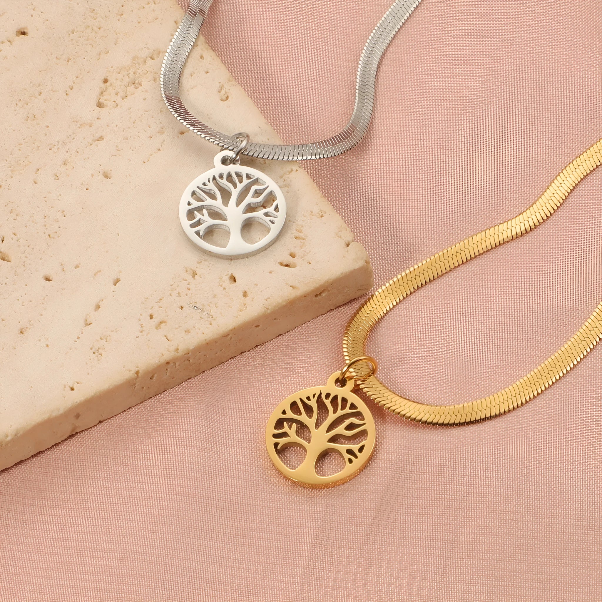Stainless steel lucky tree clavicle chain necklace with titanium steel pendant on snake bones chain