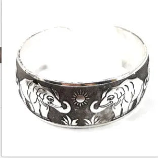 Miao ethnic carved open silver bracelet with Roman shape in turtle or elephant colour options