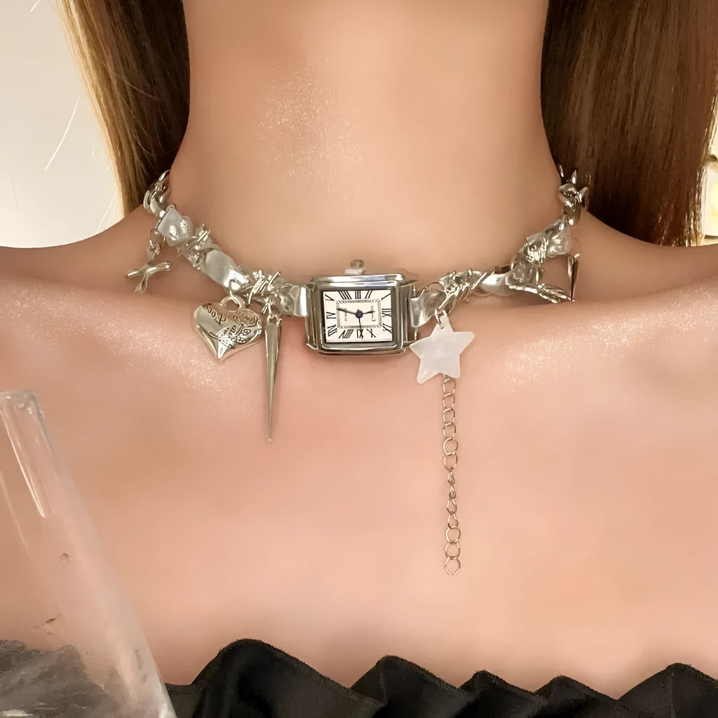 Dark multi-layer cross necklace with twin clavicle chains and hemp flower chain details