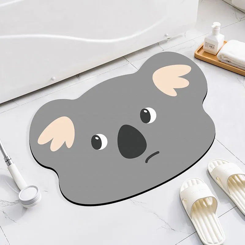 Cartoon animal pattern diatom ooze absorbent non-slip bathroom mat in brown bear design.