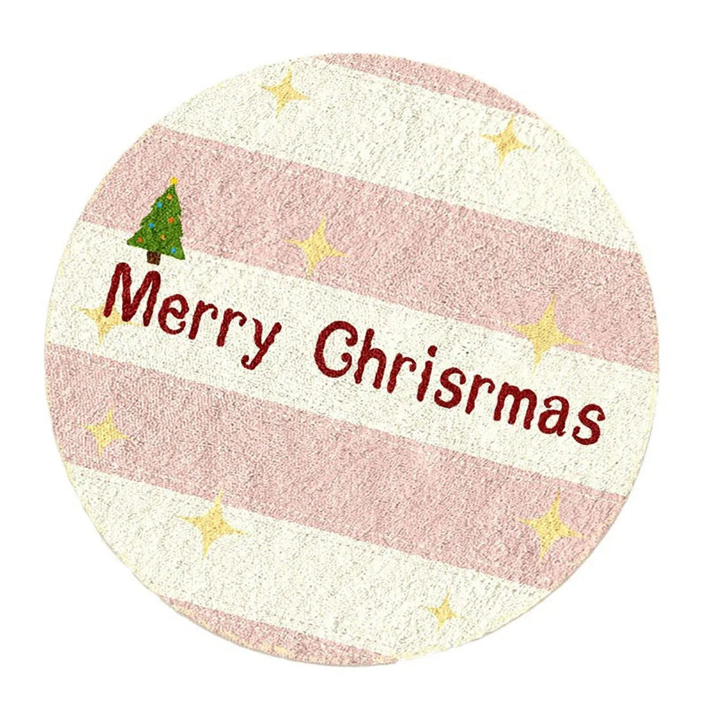 Round Christmas floor mat in imitation cashmere with festive designs including gingerbread men and Christmas trees