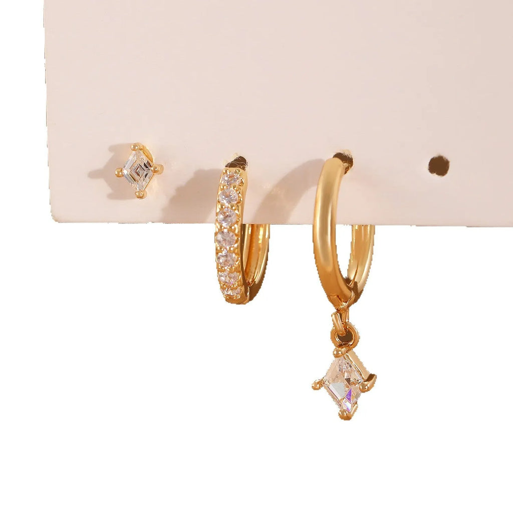 Geometric zircon earring three-piece set showing ear ring, stud, and clasp in gold and silver colours