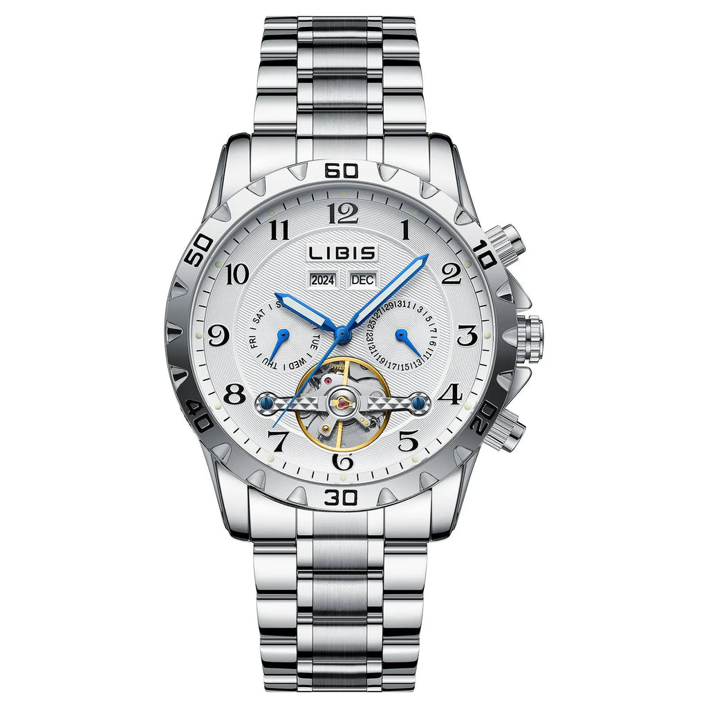 Men's silver stainless steel automatic perpetual calendar mechanical watch with business style design