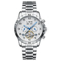 Men's silver stainless steel automatic perpetual calendar mechanical watch with business style design